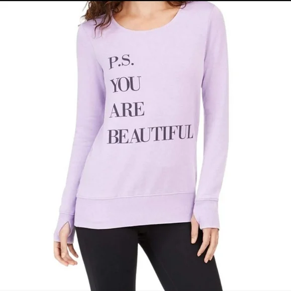 Ideology '"PS You Are Beautiful" Yoga Sweatshirt Size Avail M, L Purple - Picture 3 of 4
